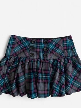 Y2K plaid pleated mini skirt w/lace up detail